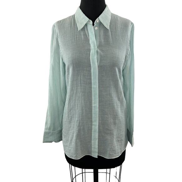 THEORY Green White Straight Shirt Organic Cotton Stripe Button-Up Long Sleeve S - Picture 2 of 11